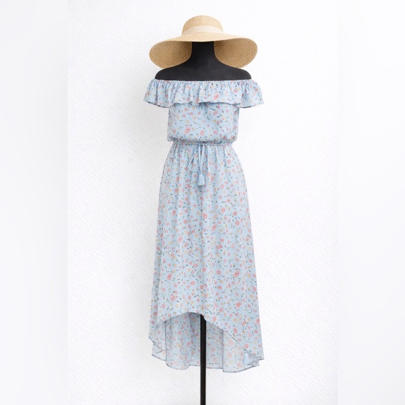 Light Blue Floral Off Shoulder Maxi Dress Ruffle Waist Tie Boho Summer - Picture 2 of 3